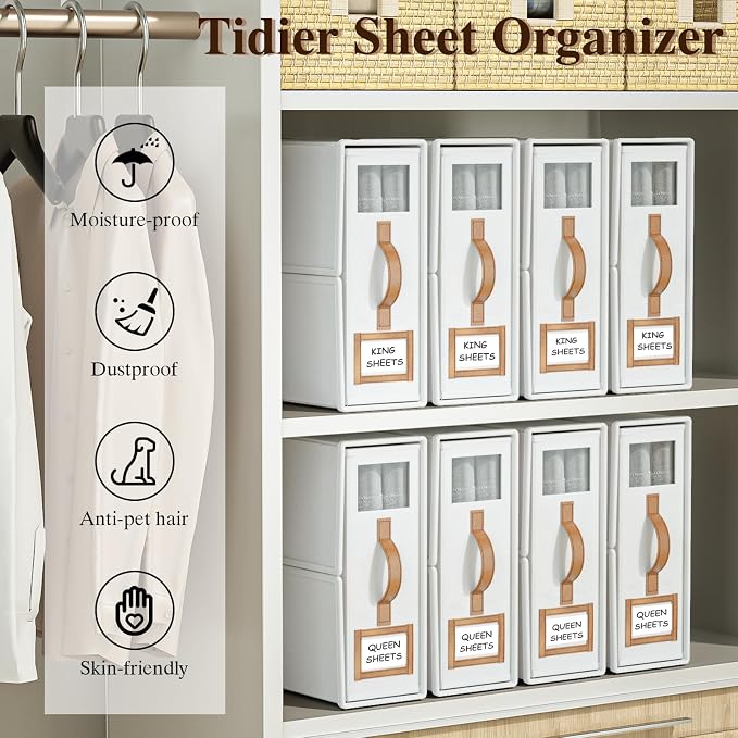 4 Pack Foldable Bed Sheets Set Organizers and Storage(King & Queen Size),Linen Fabric Closet Organizers with Window,Folding Bedding Storage Box for Bedsheets and Pillow Cube Organizer-White