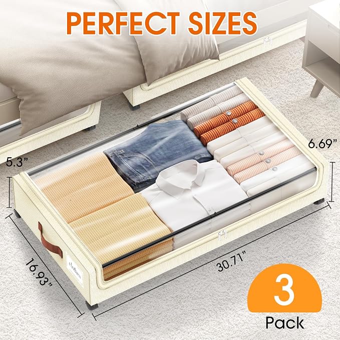 Under Bed Storage with Wheels 3Pack Storage Containers with Clear Window | Under Bed Drawers Rolling Under Bed Storage for Clothes,Shoes, Blankets (30.71 x 16.93 x 6.69 in, Beige)