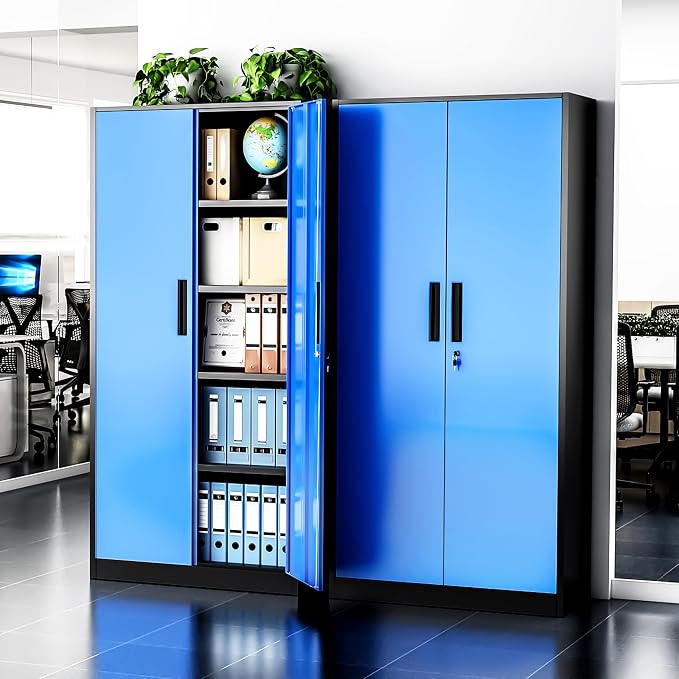 Greenvelly Metal Storage Cabinet with Doors and Shelves, 72" Inch Locking Metal Cabinet,Garage Storage Cabinet for Garage Office School Warehouse (Black Blue)