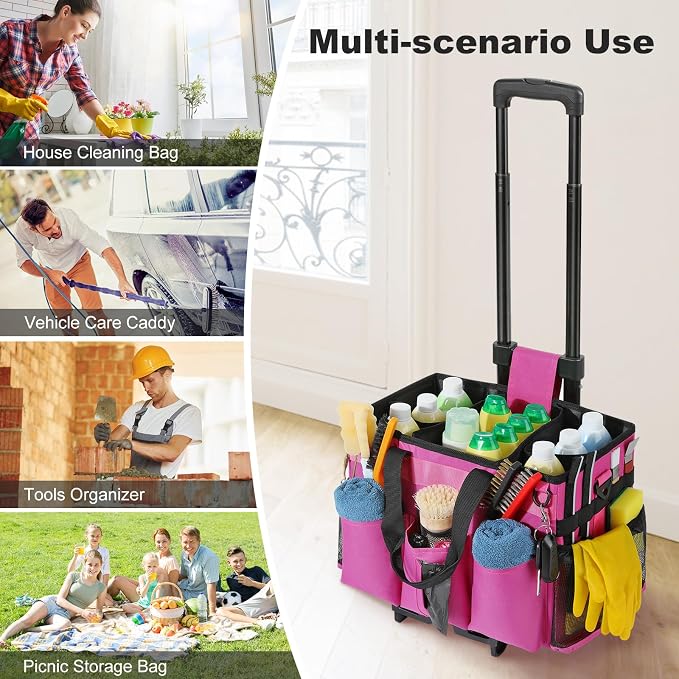 Housolution Rolling Cleaning Caddy Bag with Wheels, Rose Red | Detachable Trolley, High Bearing & Waterproof, Multifunctional Using