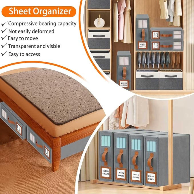 GhvyenntteS 12 Pack Bed Sheet Organizers and Storage, Sturdy Bed Sheet Organizer with Zipper and Handle, Foldable Linen Closet Organizers and Storage with Window and Label, Grey