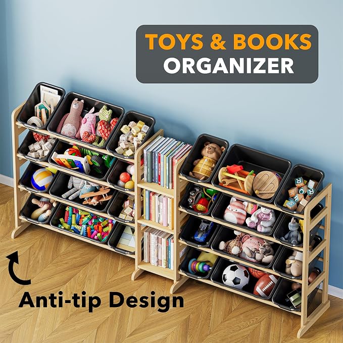 SpaceAid Large Toy Storage Organizer with 24 Bins and 3 Shelves, Toy Organizers Storage Bookshelf, Kids Bin Shelf Box Bookcase for Bedroom Playroom Organization Room Decor, True Black