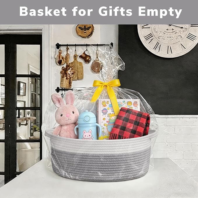 Goodpick Medium Woven Rope Gift Basket Empty, 13.6"x 10"x 6", Grey | Storage Basket with Handles for Baby Shower & Toys, Fits Living Room Bathroom Organizer, Versatile Dog Toy Storage Bin