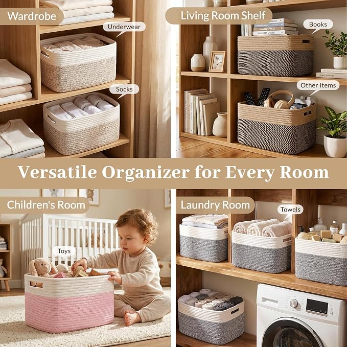 OIAHOMY 4 Pack Storage Basket, 13"x9"x7.8" Cotton Rope Baskets for Shelves, Closet Organizer for Bedroom & Living Room, Soft Decorative Bins for Organizing Towels, Books & Toys, Brown & Black