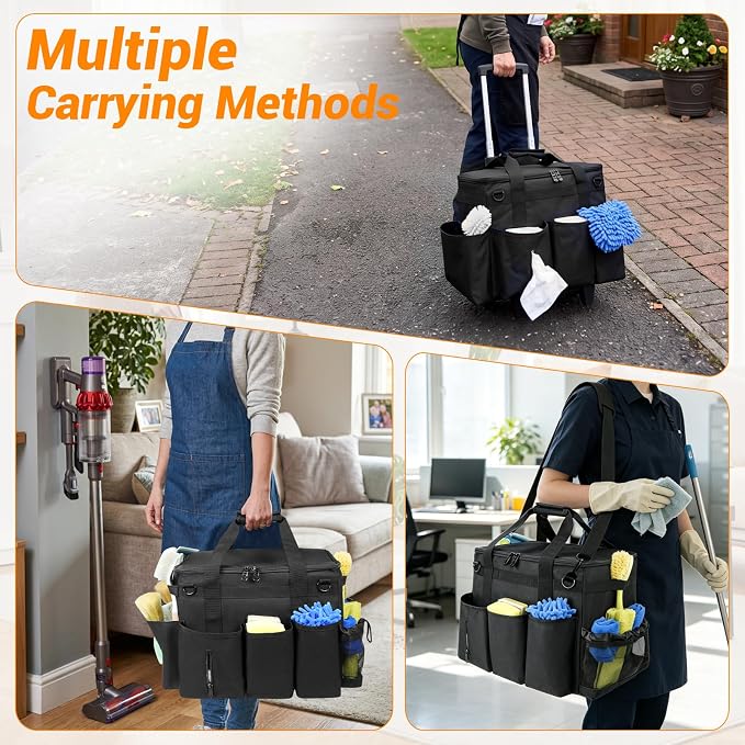 Large Cleaning Caddy Bag with Wheels,Cleaning Bags with Detachable Trolley,Cleaning Supplies Bag Built-in Hard Support Board,Waterproof,Multiple Storage Pockets for Housekeepers