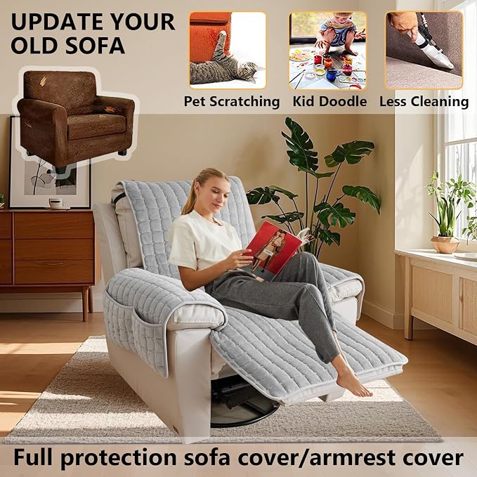 Polyester Flannel Recliner Cover, Non-Slip with 2 Side Pockets | Soft short-pile polyester with silicone backing guards armrests from pet scratches; thick one-piece cover, machine washable.