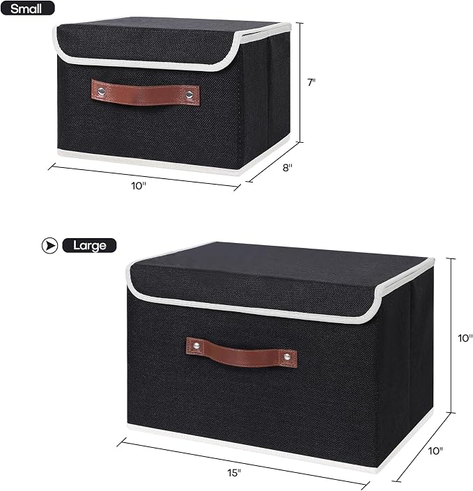 ANMINY Fabric Storage Box Bins with Lids, Black, 15"x10"x10" | Keepsake Memory Storage, Cotton Linen, PP Board Reinforced, Washable, PU Handles, Foldable & Stackable, Decorative, Large