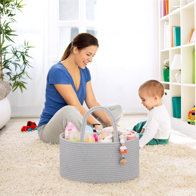 COMSE Baby Diaper Caddy Organizer with Handles, Cotton Rope, Cool Gray