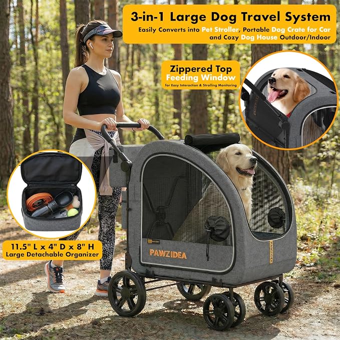 PAWZIDEA 3-in-1 Large Dog Stroller with Detachable Carrier, 45% Extra Tall | Dog Crate Car Travel for 2 Medium Dogs Sit Upright, Foldable Jogger Pet Stroller All-Terrain Up to 100lbs, Storage Organizer