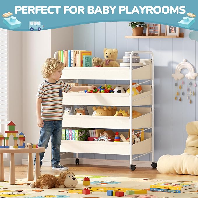 Kids Toy Storage Organizer with 4 Shelves & Wheels for Playroom | White, Large Size, Steel Frame & Oxford Fabric, Rolling Casters with 2 Locks, Safe Rounded Edges, Easy Assembly