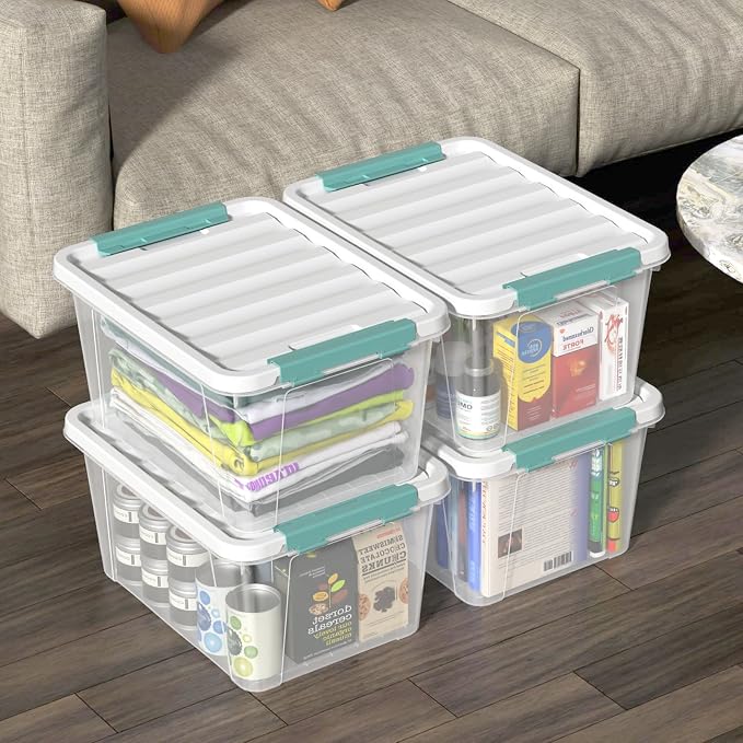 20 Quart Clear Storage Box, Plastic Latching Bins with Lids, 4 Pack
