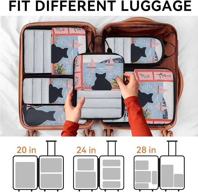 Cute 6 Set Compression Packing Cubes Black Cat Expandable Packing Organizer for Travel Accessories Luggage Suitcase Bag