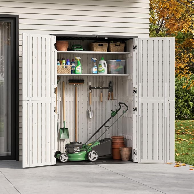 65 Cu.Ft Resin Outdoor Storage Shed with 2 Shelves & Floor, Weatherproof Plastic Vertical Outdoor Storage Cabinet for Garden Backyard Patio Pool Tool