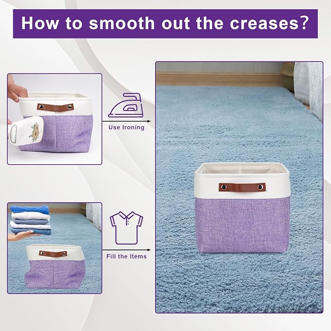 Bagnizer Storage Bins Large Fabric Storage Baskets for Shelves 3 Pack, Decorative Linen Closet Baskets with Handles for Organizing, Shelf, Clothes, Home, Office, 15x11x9.5Inches (Purple&White)