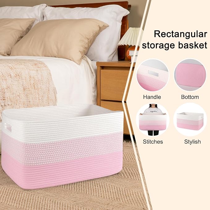 OIAHOMY Blanket Basket Laundry Basket Dog Toy Basket 75L Pink/White | Large Storage Basket,Baby Basket,Toy Storage,Woven Rope Basket for Blankets,Blanket Storage for Living Room