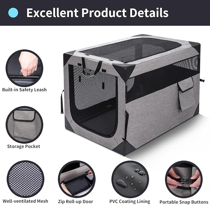 Zikopomi 30 Inch Portable Soft Foldable Dog Crate | 3 Zipper Door,Collapsible Soft Pet Kennel, Foldable Dog Cage, for Small and Medium Dogs, Indoor Outdoor Travel