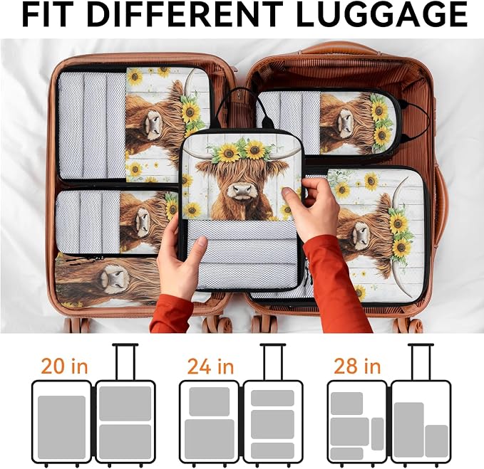 Highland Cow 6 Set Compression Packing Cubes Funny Cattle Bull Cow Expandable Packing Organizer for Travel Accessories Luggage Suitcase Bag