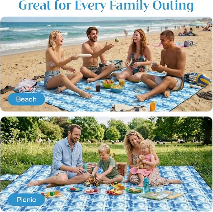 OIGAE Beach Blanket Waterproof Sandproof Oversized Beach Mat | Picnic Mat with Stakes, Storage Bag - Essentials for Outdoor Beach, Picnic,Quick-Dry Lightweight,Windproof Pockets