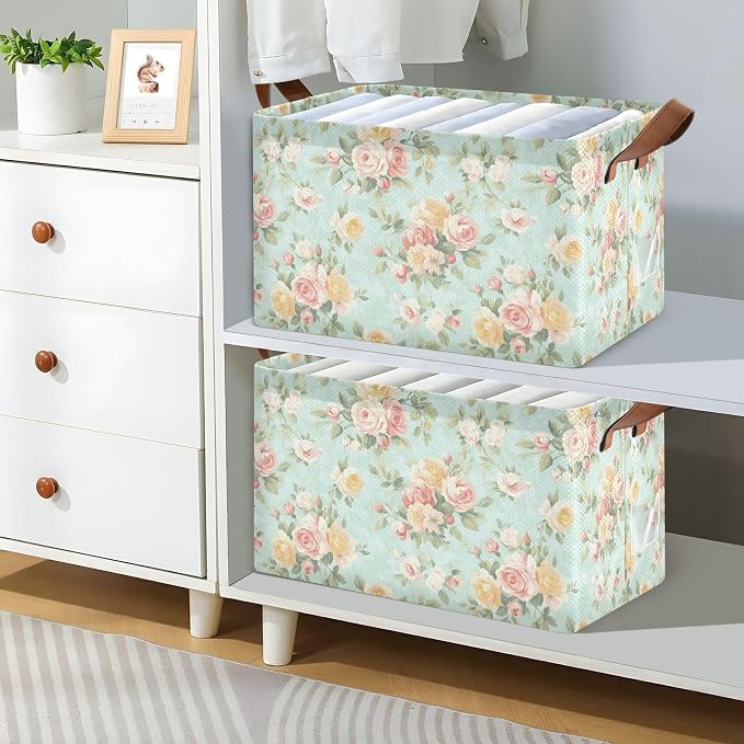 French Country Style Roses and FlowersStorage Bins for Shelves with Labels&Handles Fabric Organizer Bin Foldable Rectangle Storage Basket Boxes for Closet, Bathroom, Home, Living Room, 2 Pack
