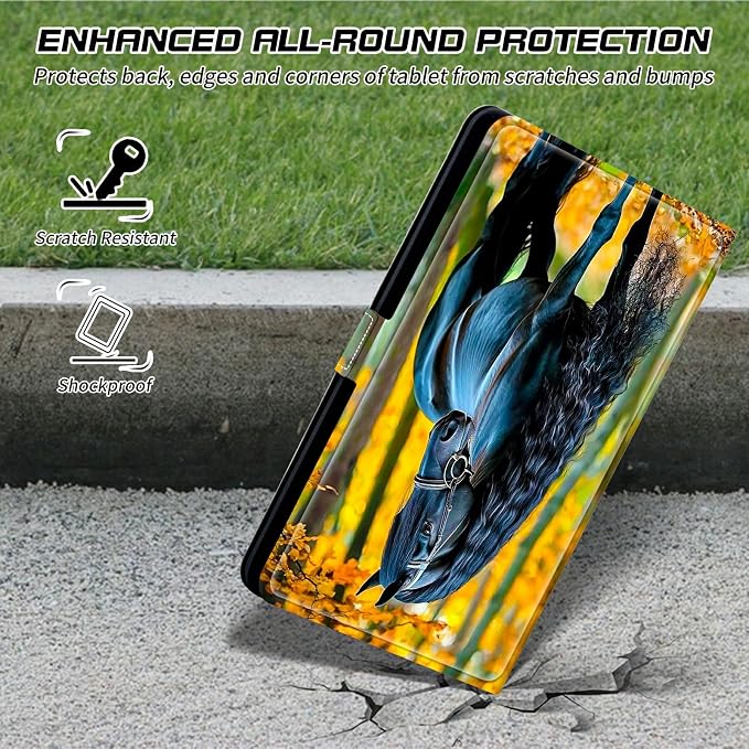 Universal Tablet Case for T-Mobile Revvl Tab 2 10.1" 2025/Revvl Tab 5G 10.36" 2023, 360 Degree Rotating Kickstand Protective Stand PU Leather Cover for 9"-10.5", Maple Leaf Black Horse