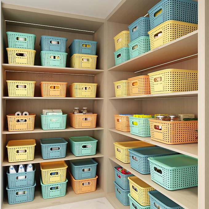 ORGIDOL Plastic Storage Basket with Lids 12 Pack Stackable Colorful Storage Bins Containers with Lid, Decorative Storage Boxes for Organizing Shelves, Drawers, Playroom, Classroom, Office, Closet