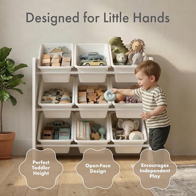 Humble Crew Kids Toy Organizer with 9 Bins, 3 Tier Storage for Playroom | Sturdy wood and steel toddler shelf, removable BPA-free containers, wall anchor anti-tip safety kit for bedroom or classroom