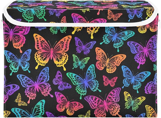 Colorful Butterfly Storage Bins with Lids Closet Bedroom 40L Fabric Bin | Decorative Storage Boxes, Foldable & Stackable, Dust-Proof Flip Top, Reinforced Handles, For Home & Dorm, Clothes & Toy Box