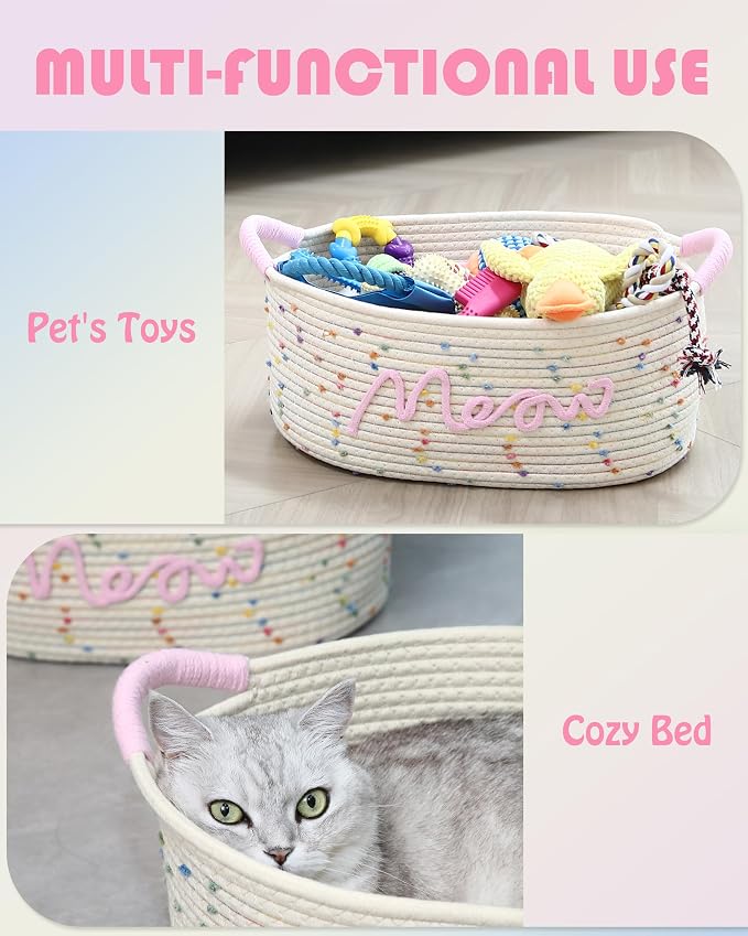 Sea Team Cat Toy Storage Basket with Handles, Rainbow Meow | Large Cotton Rope Storage Bin, Shelf Basket, Organizer for Pet Chew Toys, Foods, 16.5 x 11 x 7 Inches, 4.4 Gallons