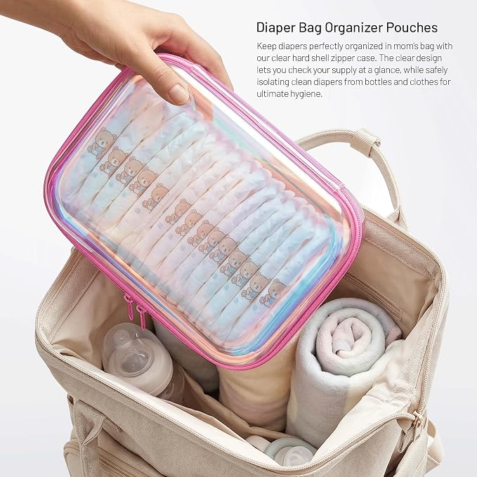 Clear Hard Shell Organizer Cases, 2 Pack | Iridescent PET shell with water-resistant, scratch-resistant surface for travel, toiletries, electronics and daily essentials