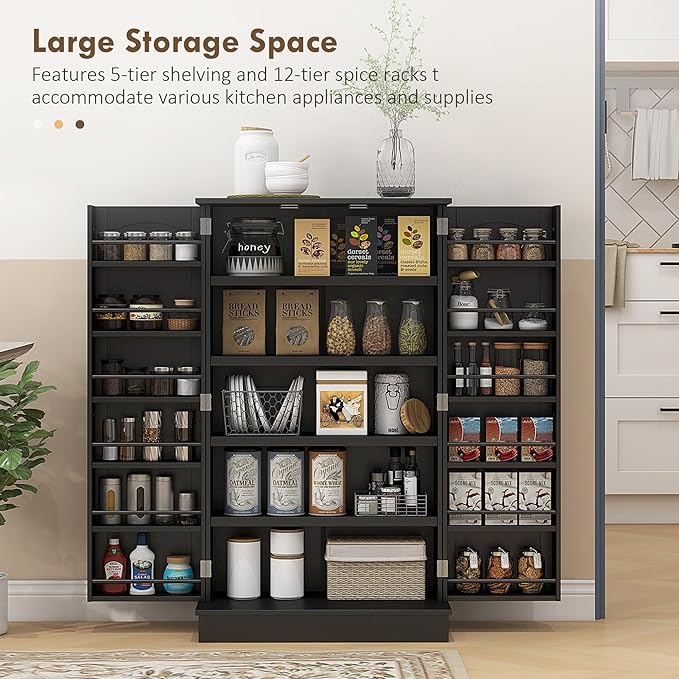 HOMCOM 41" Kitchen Pantry Storage Cabinet 12 Door Shelves Black | Freestanding Kitchen Cabinet, 2 Doors, 5-Tier Shelving, Adjustable Shelves