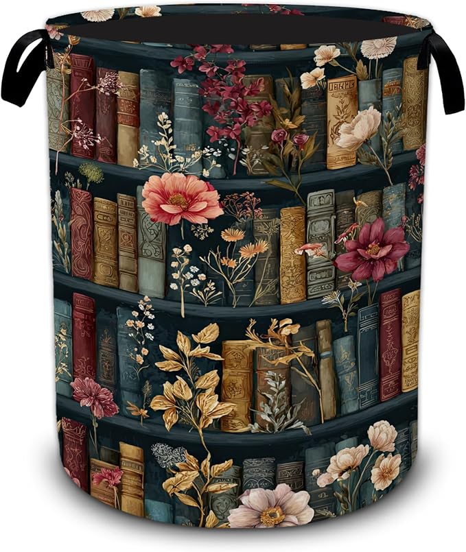 Vintage Bookshelf Flowers Laundry Basket,Foldable Oxford Laundry Hamper with Handles,Portable Clothes Tote Bag Clothes Storage Bucket Organizer 20.8" x16" For Bathroom/Laundry Storage/Bedroom