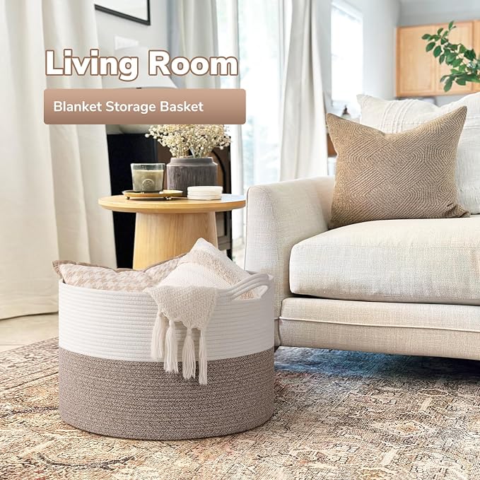 Goodpick 65L Large Woven Rope Basket for Blankets Living Room, 65L | 19.7 x 19.7 x 12.6 In Storage Basket for Toys Shoes, Cute Baby Laundry Hamper for Towels, Clothes, Mele