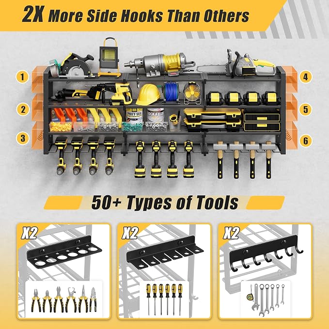 49''W Power Tool Organizer Wall Mount, 650LBS, 4 Tier, 12 Drill Holders | 3-Tube Reinforced Design, Holds 50+ Tools, Cordless Tool Organizer, Rust Resistant, Quick Assembly, Garage Gift for Men