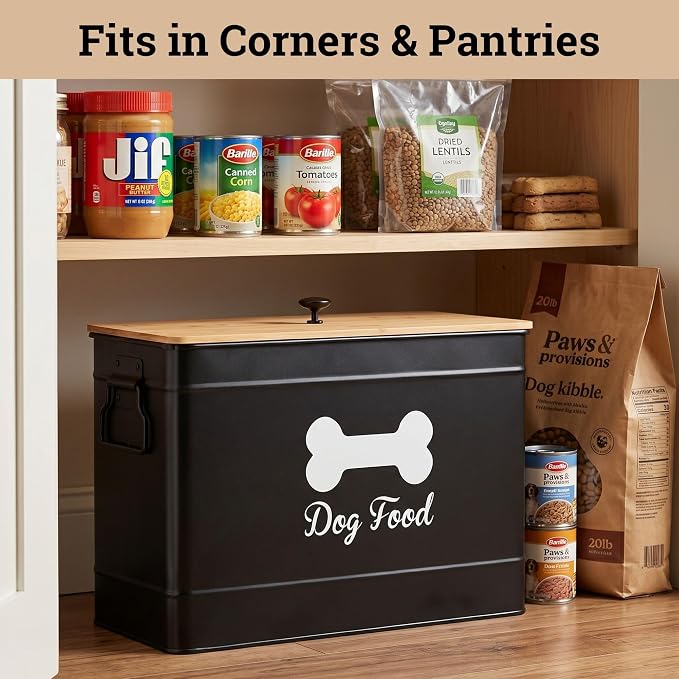 Metal Dog Food Container 15-20 lbs w/ Airtight Bamboo Lid, 70 Cup Capacity | Pet Jar For Dogs up to 100lbs, Airtight Bamboo Lid, Sturdy Comfortable Metal Handle, Powder Coated Iron, Kibble Storage Bin
