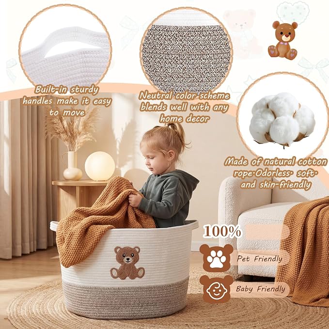 LemonRoad Extra Large Basket 20"x14", Woven Basket for Laundry Blanket Toy Box with Handle Storage, Blanket Storage for Living Room Nursery Pillows Chest(Cotton Rope,Cute Bear,Brown)