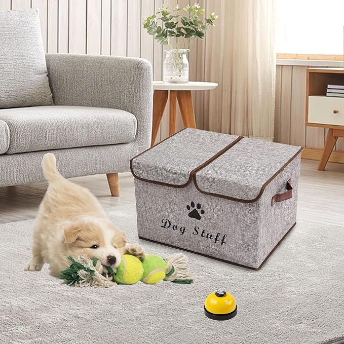 Large Storage Boxes - Linen Fabric Foldable Cubes Bin Containers With Lid and Handles for Dog Apparel, Accessories, Coats, Toys, and Clothing (Grey)