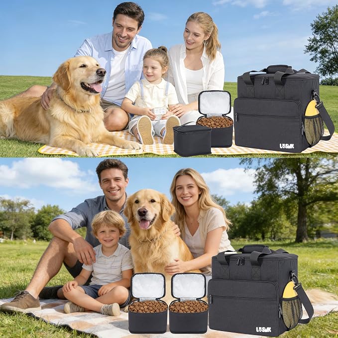 Dog Travel Bag, Large Pet Travel Set with Multi-Function Pockets | 2 Food Storage Containers, 2 Collapsible Bowls, 1 Feeding Mat for Pet Supplies, Road Trip Essentials, Weekend Camping, Black