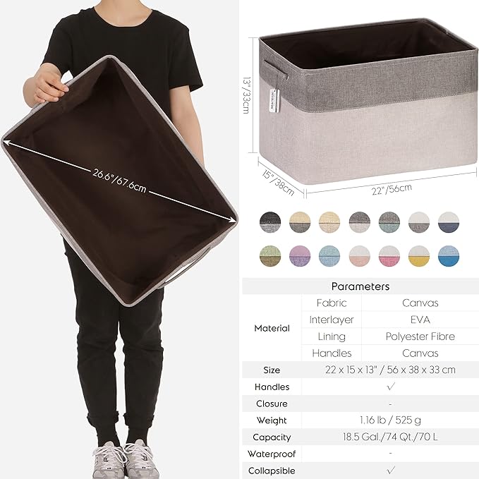 Sea Team Oversized Rectangle Canvas Open-Top Storage Baskets, 3-Pack | Collapsible Fabric Storage Bins with Handles, Closet Shelf Organizers, 22 x 15 x 13 Inches, Olive & Lime
