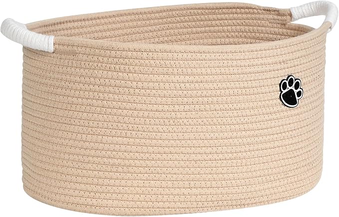 Optish 25L Dog Toy Basket,16.5" x 11" x 9" Medium Toy Storage Box and Bin with Handles, Woven Rope Foldable Basket for Blankets, Living Room, Bedroom, Home Decor, Camel