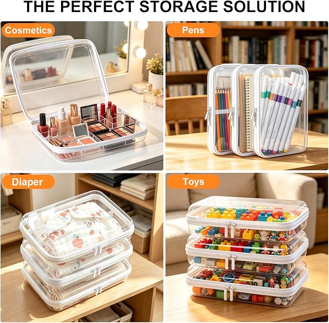 Clear Hard Shell Zipper Case, Crush-Proof Clear Zipper Pouches, TSA Approved Travel Toiletry Bag, Waterproof Makeup Bag & Diaper Bag, Organizer Bins for Toy Storage, Travel Accessories L+2S White