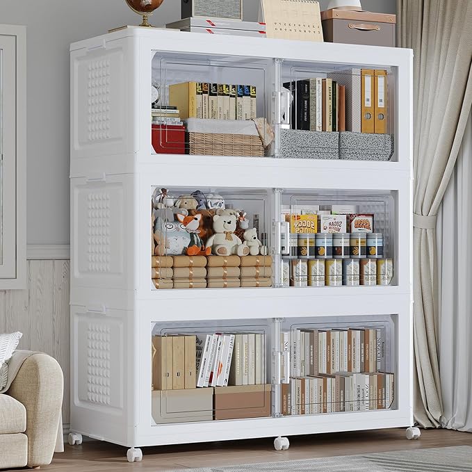150Gal Stackable Storage Bins with Lid 3-Tier Collapsible Cabinet Closet Organizer Box with Wheels, 600QT Large Plastic Drawer Container with Doors for Clothes Kitchen Organizing, White