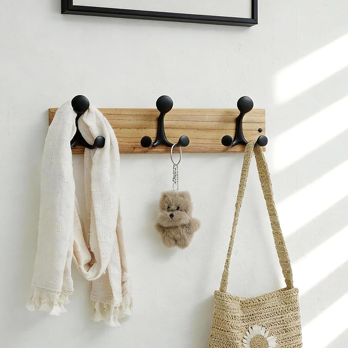 SKOLOO 17-Inch Wood Coat Rack Wall Mount with 3 Triple Hooks - Ideal for Family Entrances, Classrooms, and Pet Supplies Storage - Perfect Coat Hooks for Wall, Black on Natural