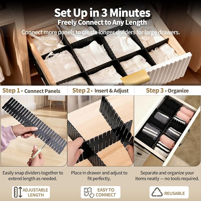 Adjustable Drawer Dividers, Cut-to-Fit DIY Organizers, Black 32 Pack | For Tidying Cutlery, Makeup, Clothes and Dresses in Drawers, Desks and Storage Boxes for Kitchen, Bathroom, Bedroom & Office