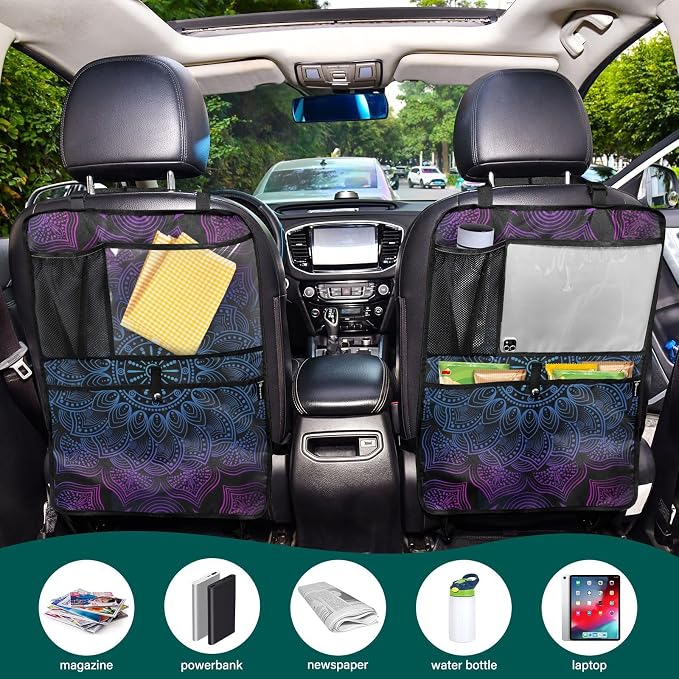 JIPONI Car Backseat Organizer, Boho Mandala Automotive Back Seat Protector, Kick Mats with Storage Pockets for Kids Pets, Road Trip Accessories (2 Pack)