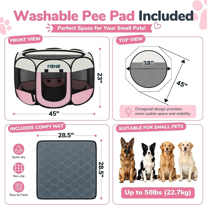 Dog Cat Small Animal Puppy Playpen Crate with Pee Pad, Large, Pink | Portable Pop Up Pet Cage Enclosure Tent Kennel Indoor Outdoor with Carrying Case, No Assembly, Camping Use