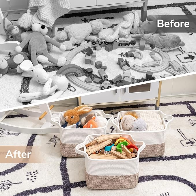 Goodpick Woven Storage Basket for Shelves, 13" x 10" x 9", White & Camel | Gift Baskets Empty for Home Decor, Cotton Rope Baskets for Kids Toys & Towels, Shelf & Closet Organization, Built-In Handles