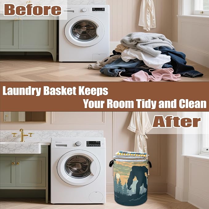 Laundry Basket Big Foot Forest Collapsible Laundry Baskets Waterproof Oxford Cloth With Handles,Sunset Laundry Hamper Clothes Storage Bucket Toy Organizer for Bathroom/Nursery/Bedroom 16" x 20.8"