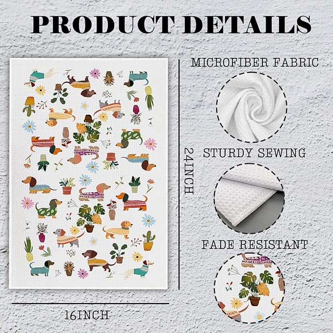 Dachshund Kitchen Towels, Boho Botanical Weiner Dog Dish Tea Towels, Weiner Dog Dachshund Gifts for Women, Dachshund Hand Towels for Kids Bathroom Kitchen Decor, 16x24 Inch