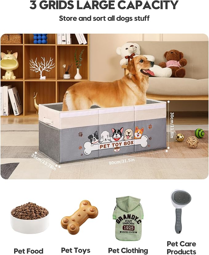 Dustproof Dog Toy Box With Transparent Lid, 3 Grids Dog Toy Bin, Extra Large Storage Holder Container, Foldable Chest