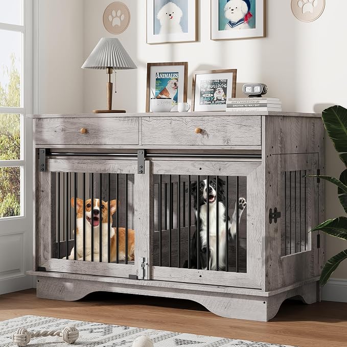 GarveeHome 47" Dog Crate Furniture for 2 Dogs, Double Dog Kennel with Removable Divider & 2 Drawers, Decorative TV Stand Side Table, Indoor Pet Cage for Large/Medium/Small Dogs, White